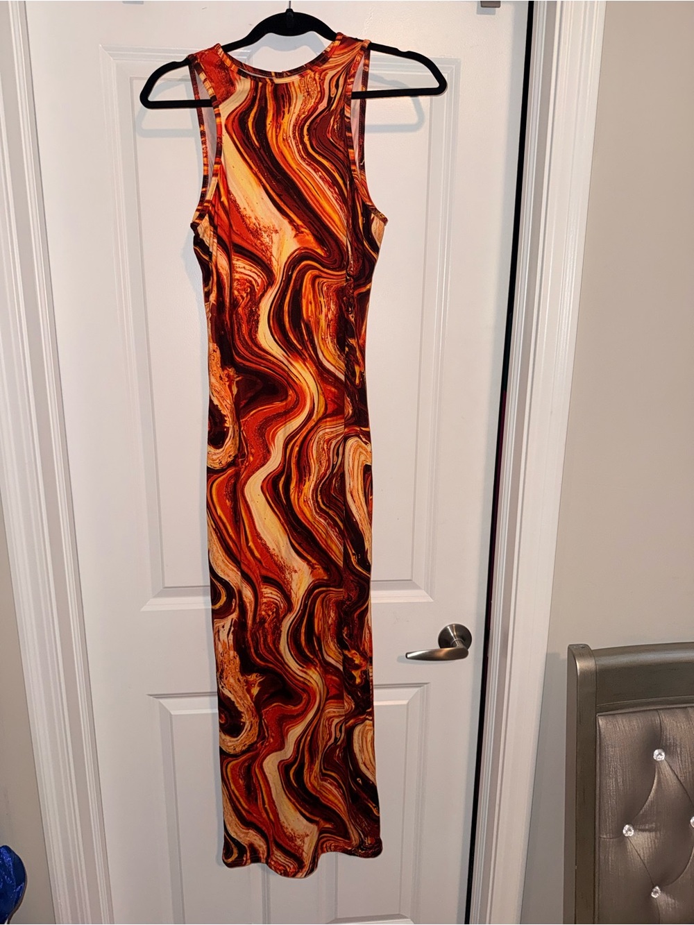 Sleeveless Marble Print Maxi Dress in Rust and Burnt Orange